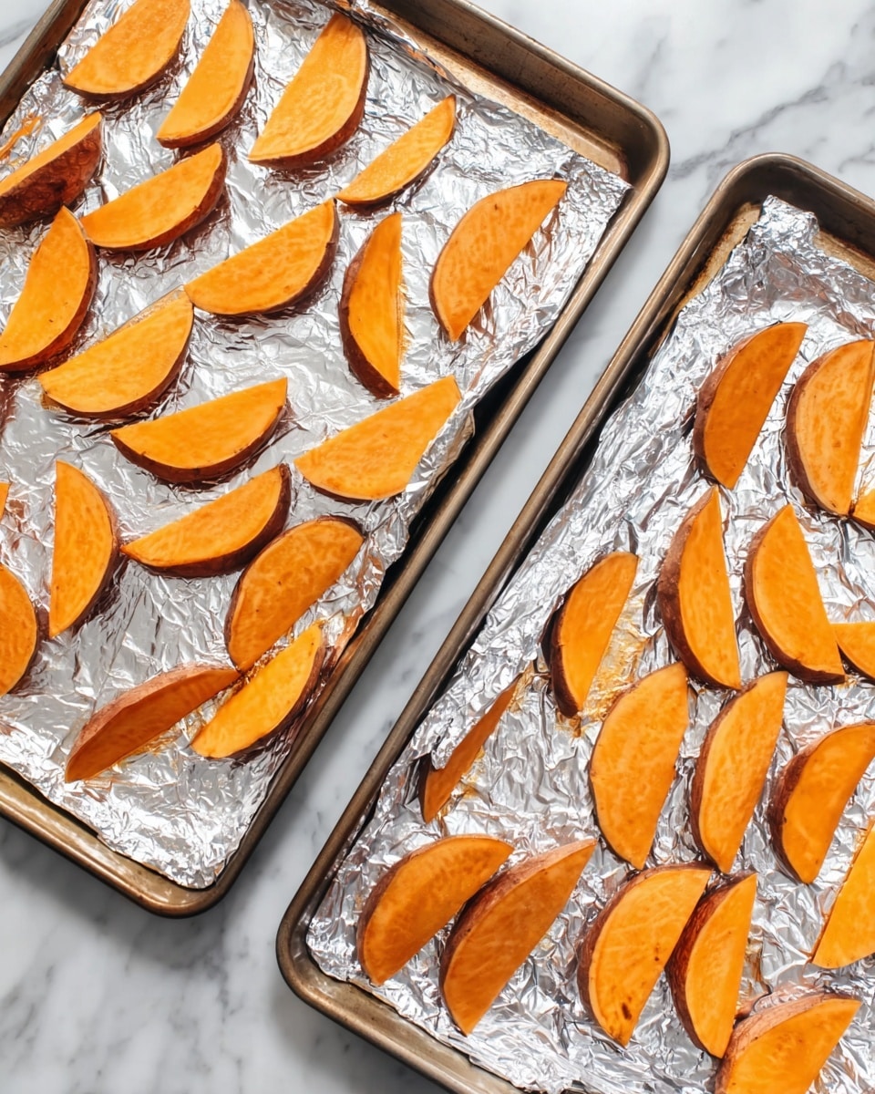 Two baking trays lined with crinkled aluminum foil sit on a white marbled surface. Each tray holds several evenly spaced orange sweet potato wedges, laid flat with their brown skins showing on one side. The trays are positioned diagonally, filling the frame, with the sweet potato pieces arranged in neat rows. The bright orange color of the sweet potato contrasts with the shiny, reflective foil and the subtle grey veins of the marble beneath. Photo taken with an iphone --ar 4:5 --v 7