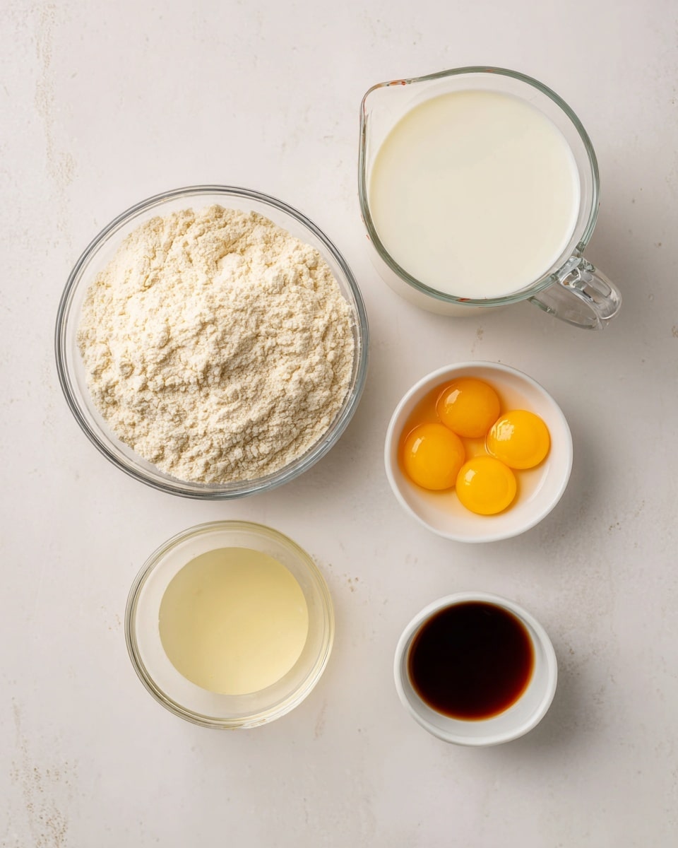 The image shows five small white bowls and one clear glass measuring cup arranged on a white marbled surface. The largest bowl is glass and filled with a light beige, fluffy flour with a slightly uneven texture. A white bowl next to it holds three bright yellow egg yolks. Another white bowl contains a clear, pale yellow liquid, likely egg whites, smooth and reflective. The glass measuring cup is filled almost to the top with white milk, smooth and creamy in appearance. The smallest white bowl has a dark brown liquid inside, contrasting sharply with the other ingredients. The view is from above, showing all ingredients clearly. Photo taken with an iphone --ar 4:5 --v 7