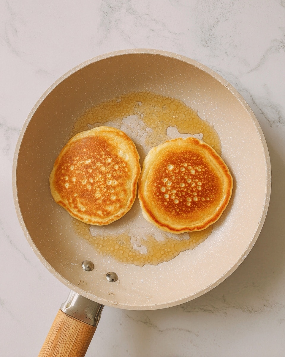 Two golden-brown pancakes with small bubbles on the surface cook in a light beige frying pan with a wooden handle. The pancakes are round and placed side by side in the pan, which has some melted butter or oil traces around them. The background shows a white marbled texture. photo taken with an iphone --ar 4:5 --v 7