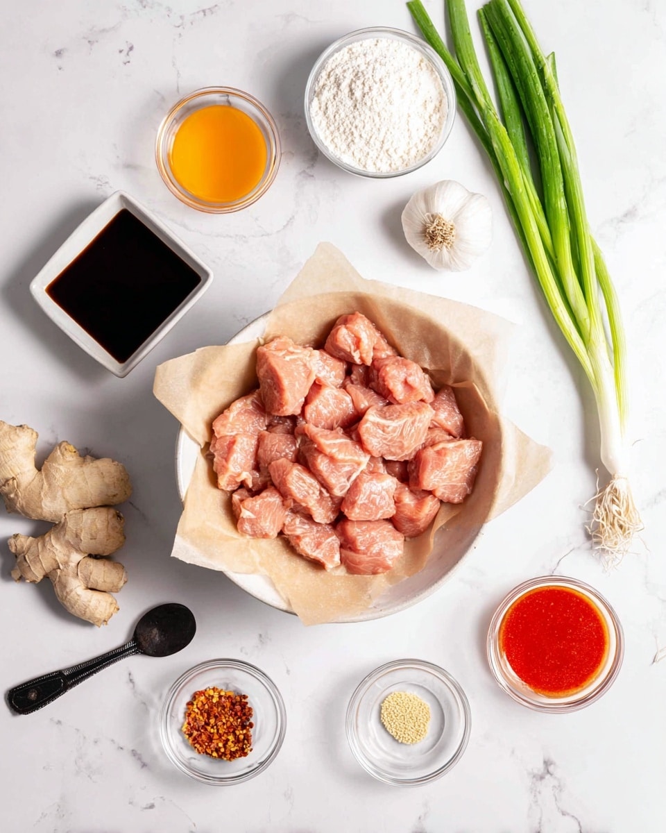 A white bowl lined with light brown parchment paper holds many small pieces of light pink raw meat in the center. Around it, there are several small white and clear bowls with various ingredients: a dark liquid in a square bowl, a golden orange liquid, a small amount of red chili flakes in a black spoon, light brown sugar, white sesame seeds, bright red sauce, and a small amount of clear oil. To the top right, three fresh green onions with white bulbs lay on the white marbled surface. A small piece of ginger root and a whole garlic bulb are also placed near the bowl, and a small bowl with a thick white powder is near the top center. Photo taken with an iphone --ar 4:5 --v 7