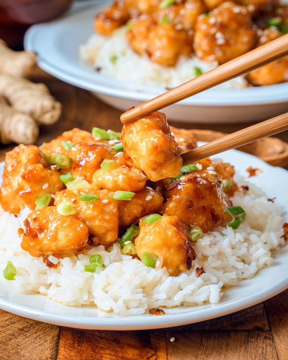 The image shows a close-up of a white plate filled with a layer of fluffy white rice at the bottom, topped with several glossy, orange-colored pieces of chicken coated in a sticky sauce. Small green chopped scallions are sprinkled on top of the chicken, adding a fresh green color. A pair of wooden chopsticks holds one piece of chicken above the rice. In the background, there is another white plate with more of the saucy chicken pieces slightly out of focus. The setup sits on a wooden table with some ginger root visible in the lower part of the image. The overall colors are warm with the bright orange chicken and fresh green scallions standing out. Photo taken with an iphone --ar 4:5 --v 7