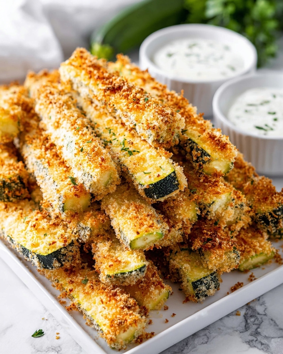 The image shows a white rectangular plate filled with many golden brown breaded zucchini sticks stacked in a loose pile. Each zucchini stick has a crispy, rough breadcrumb coating with some green zucchini skin visible underneath. The breading is crunchy, with uneven toasted spots giving it a textured appearance. In the background, two small white bowls hold white dipping sauce speckled with green herbs. The plate and bowls rest on a white marbled surface. A bunch of fresh green herbs is slightly out of focus behind the bowls. The lighting is bright, highlighting the crispiness of the zucchini sticks. photo taken with an iphone --ar 4:5 --v 7