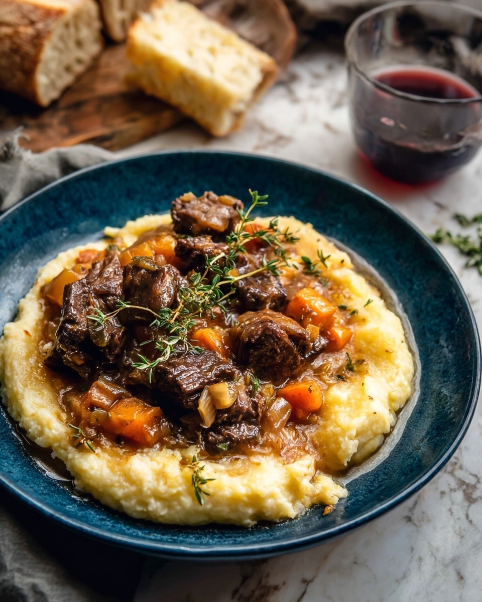 A deep blue plate holds two layers of food on a white marbled surface. The bottom layer is a smooth, creamy mash that is pale yellow and spread evenly across the plate. On top, there is a rich stew with dark brown, tender pieces of meat mixed with orange carrot chunks and small bits of caramelized onion. Fresh green thyme sprigs are scattered on the stew for decoration. In the background, there is a piece of torn crusty bread and a glass with a dark red liquid. Photo taken with an iphone --ar 4:5 --v 7