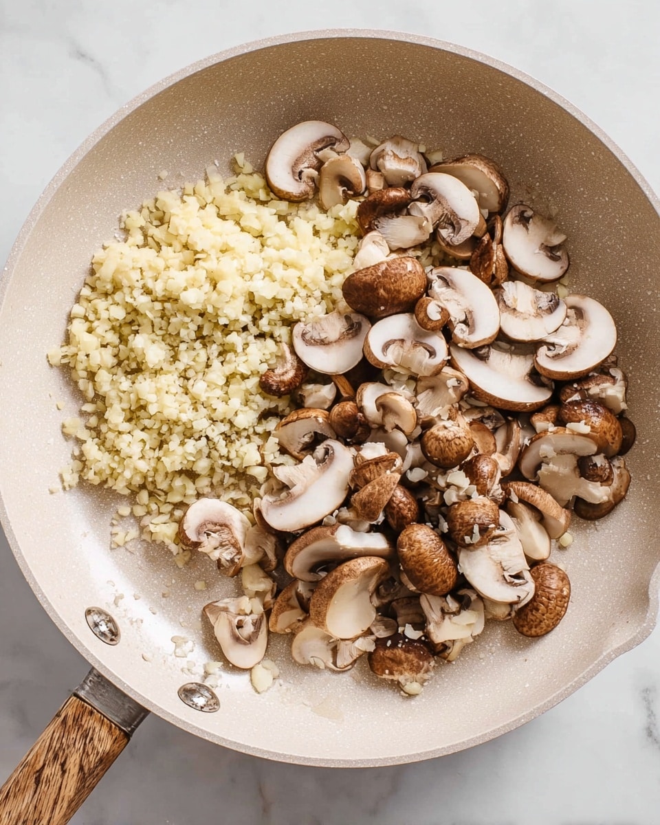 In a light beige frying pan with a wooden handle, there are two layers of food: on the left side, a pile of finely chopped pale yellow garlic pieces; on the right side, a spread of sliced brown mushrooms with white interiors, showing different sizes and some whole caps among the slices; the pan is placed on a surface with a white marbled texture. photo taken with an iphone --ar 4:5 --v 7