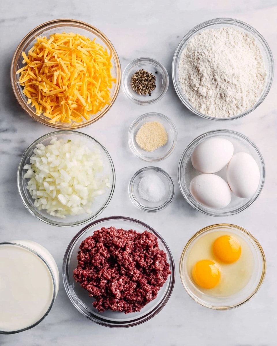 This image shows eight small clear glass bowls arranged on a white marbled surface. Starting from the top left, the first bowl holds bright orange shredded cheddar cheese. To its right, a bowl contains white flour with a powdery texture. Next to it on the right, another bowl holds two cracked raw eggs submerged in yellow egg white. Below that, a white bowl contains deep red ground beef with a slightly coarse texture. To the left of the beef bowl is a small clear bowl with finely chopped white onions. Above that, there are three tiny bowls in a row; the left one has a light beige powder, the middle one has ground black pepper, and the right one contains white salt. Finally, at the bottom left corner, there is a medium bowl filled with white milk. All bowls are neatly spaced on the white marbled surface. Photo taken with an iphone --ar 4:5 --v 7