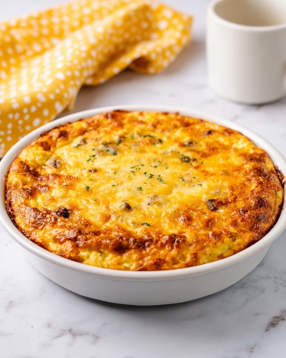A round baked dish in a white shallow pie dish, with a golden brown top layer that looks slightly crispy and bubbly. The top is uneven with small browned spots and hints of darker ingredients peeking through, giving it a textured look. The edges are slightly puffed and browned, showing a thick, cheesy layer that covers the dish. The background is a white marbled surface with a yellow patterned cloth in the back left and a white mug on the right side. Photo taken with an iphone --ar 4:5 --v 7