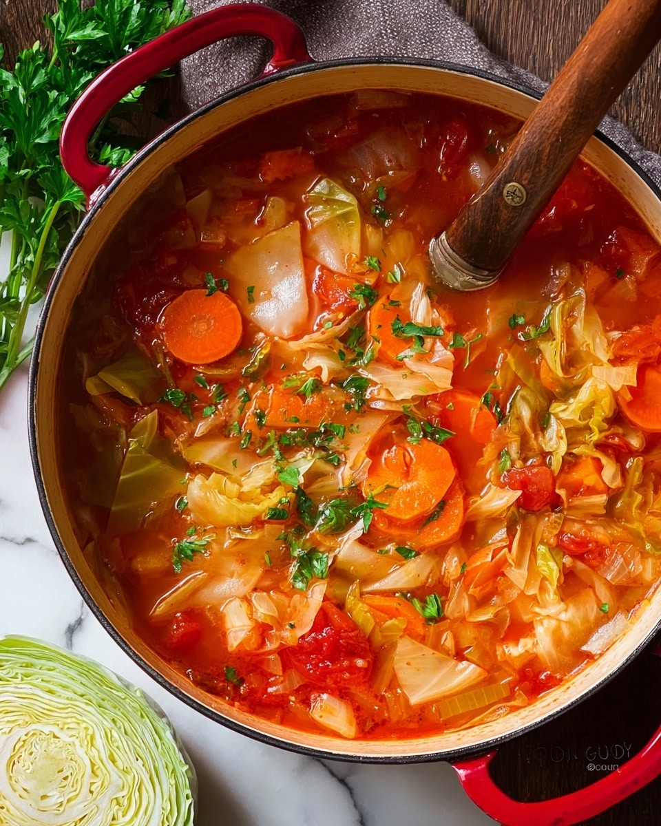 A white bowl filled with clear orange broth layered with light greenish-yellow cabbage leaves with soft, wrinkled texture, bright orange carrot slices, and red tomato chunks scattered throughout. Small bits of green parsley garnish float on the surface, adding color contrast. A metal spoon rests in the bowl on the right side, partially submerged. The bowl sits on a white marbled surface, emphasizing the fresh colors of the soup. photo taken with an iphone --ar 4:5 --v 7