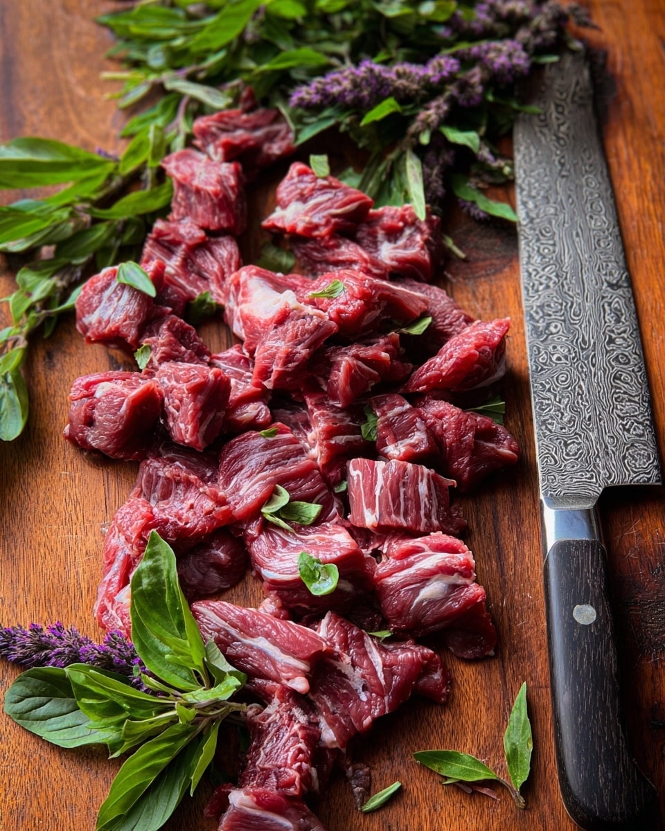 The image shows many pieces of red raw beef with white fat streaks, spread across a wooden board. Bright green fresh basil leaves with small purple flowers are scattered on top and around the meat, adding a fresh look. A sharp knife with a detailed patterned blade rests on the right side of the board. The whole scene is simple and natural, focusing on the colors and textures of the fresh ingredients. Photo taken with an iphone --ar 4:5 --v 7