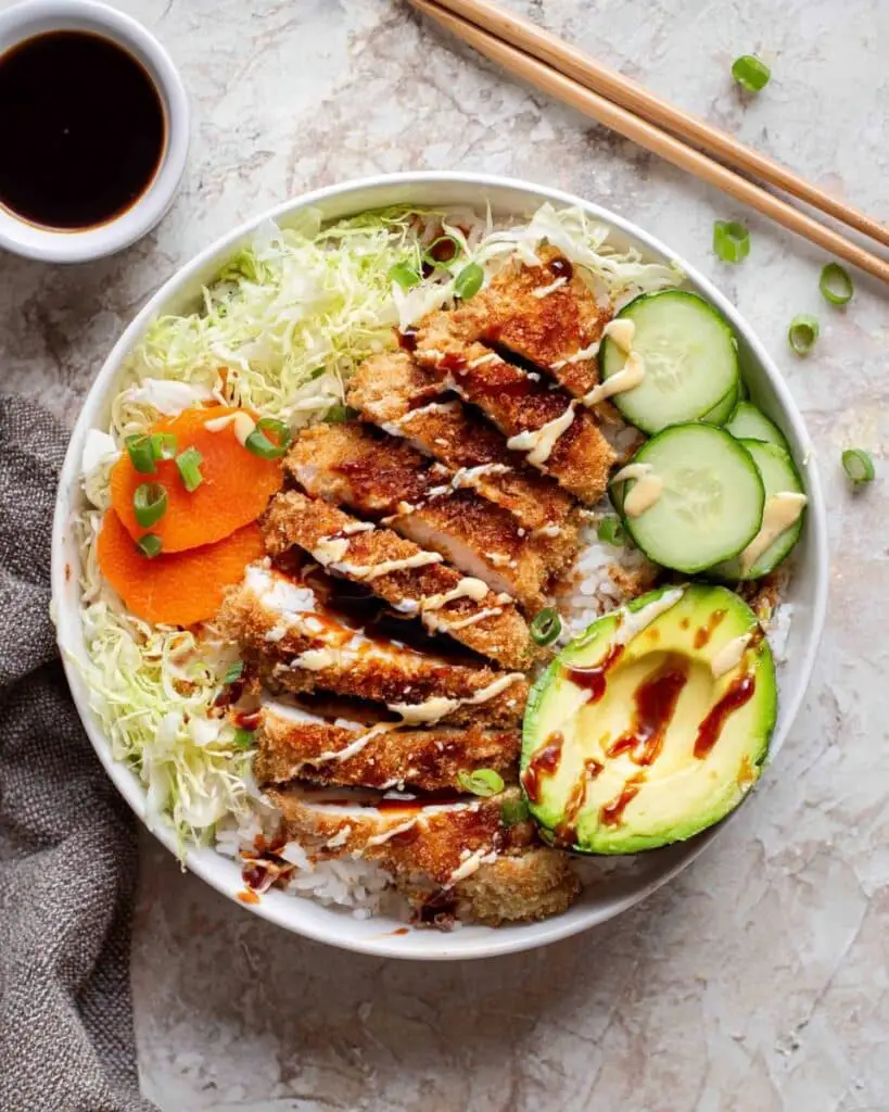 Crispy Chicken Katsu Bowls with Pickles and Thin Sliced Cabbage Recipe