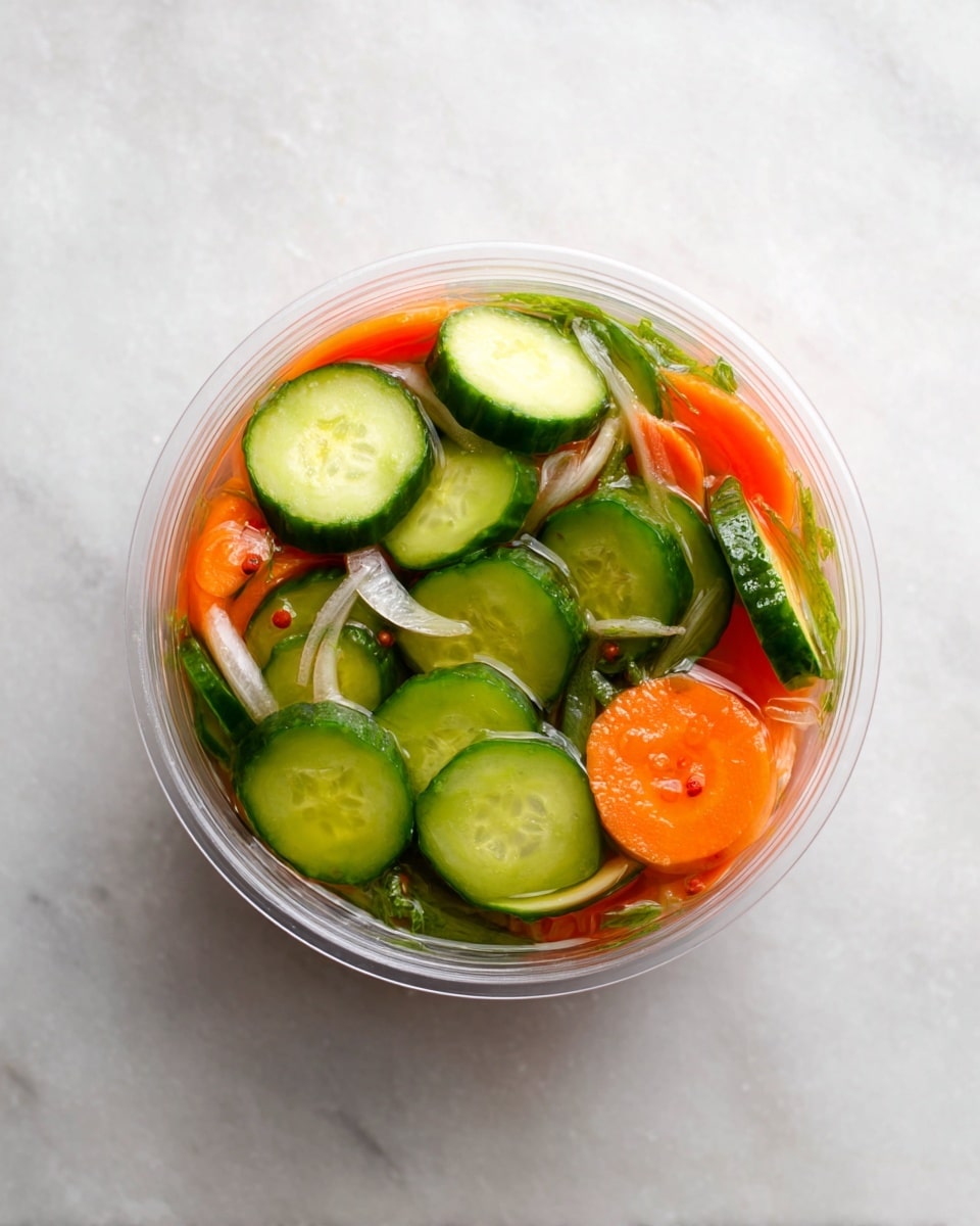 A clear round container filled with three main layers visible from the top view: the top layer has bright green cucumber slices with a shiny, slightly wet texture, the middle layer shows bright orange carrot slices with a smooth surface, and within and between these, thin translucent white onion slices are scattered. The vegetables are immersed in a clear light pinkish liquid that slightly covers the edges of the slices. The container is placed on a white marbled surface. photo taken with an iphone --ar 4:5 --v 7