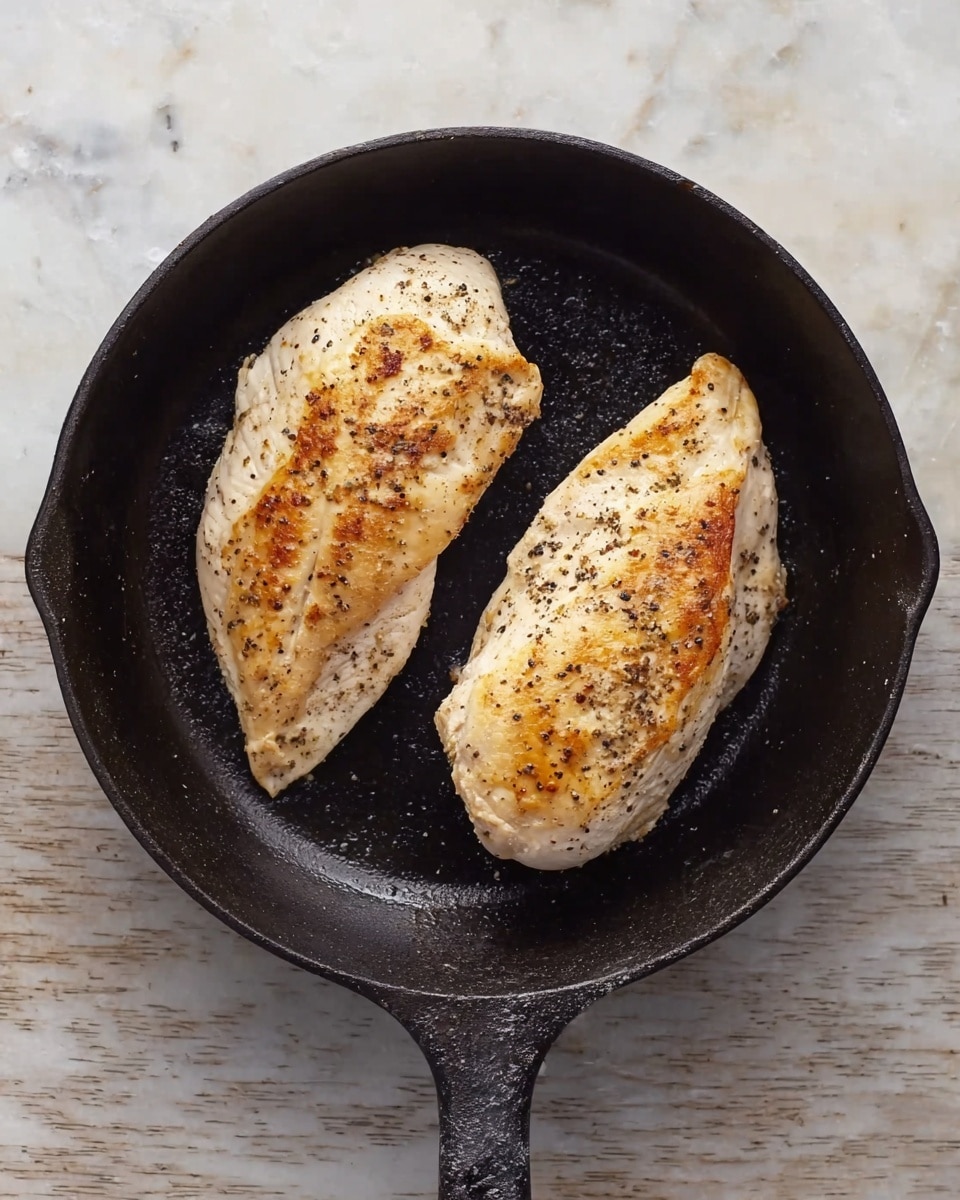 In the image, there is a black cast iron pan placed on a white marbled surface. Inside the pan, two cooked pieces of chicken are positioned side by side. Each piece is lightly browned with some golden sear marks and has a slightly textured white inside showing through. The chicken pieces have a sprinkled layer of black pepper, adding small dark specks to the surface. The pan’s handle extends out to the bottom right corner, showing the rough black texture typical of cast iron. Photo taken with an iphone --ar 4:5 --v 7