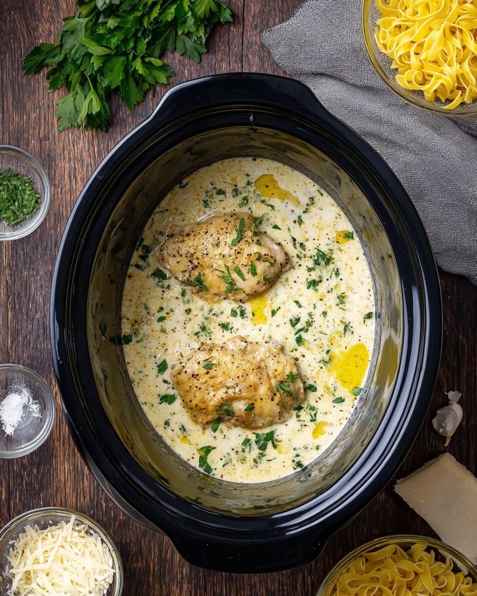 Inside a black slow cooker, two pieces of golden brown cooked chicken sit in a thick, creamy white sauce dotted with flecks of black pepper and green parsley. The sauce covers the bottom and surrounds the chicken evenly, with some small pools of yellow oil on top. The slow cooker is placed on a dark wooden surface with a handful of fresh parsley leaves, a piece of cheese, garlic, and small white bowls of grated cheese and chopped herbs arranged nearby. To the right, a glass bowl filled with yellow cooked pasta noodles rests on a gray cloth. The scene is set against a white marbled texture photo taken with an iphone --ar 4:5 --v 7