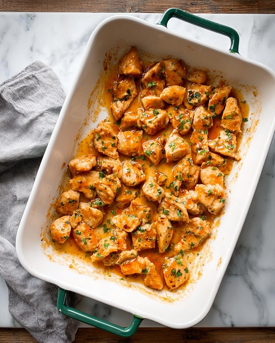 A white rectangular baking dish with green handles contains small chunks of cooked chicken lightly coated in an orange-brown sauce with bits of green herbs sprinkled throughout. The chicken pieces are spread unevenly across the bottom of the dish, showing a moist and slightly glossy texture. The dish rests on a white marbled surface next to a gray cloth on the left side. The scene is bright and natural, focusing clearly on the chicken pieces. photo taken with an iphone --ar 4:5 --v 7