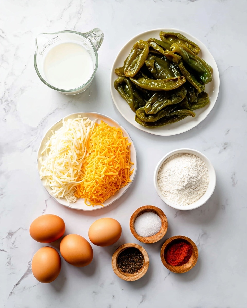 The image shows a neatly arranged set of cooking ingredients on a white marbled surface. At the top right, there is a white plate filled with green roasted peppers, curved and slightly wrinkled. Below this plate is a clear glass measuring cup with white milk. Toward the left side, there is a white round plate divided into two halves, one side with shredded orange cheddar cheese and the other with shredded white mozzarella cheese. Above this plate is a small white bowl filled with white flour. In the lower center, six brown eggs are placed close together. At the bottom right, three small wooden bowls hold black pepper, coarse salt, and a red spice, likely paprika, arranged in a neat line. The overall look is clean, organized, and bright. Photo taken with an iphone --ar 4:5 --v 7