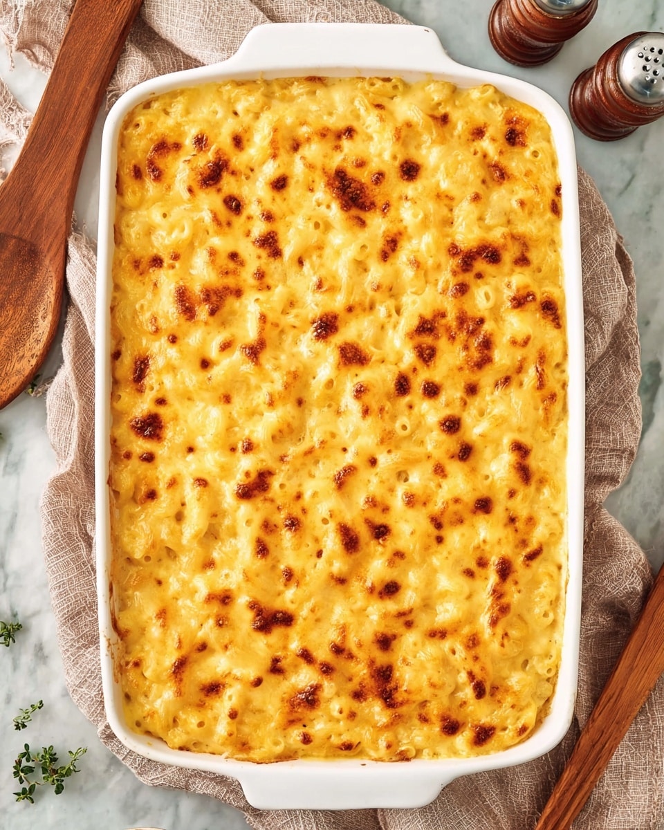 The image shows a white rectangular baking dish filled with a golden brown baked macaroni and cheese. The top layer is bubbly and melted cheese with small browned spots scattered all over, giving it a slightly crispy texture. The cheese looks rich and creamy with a smooth, melted surface that covers the elbow macaroni pasta beneath. The dish is placed on a white marbled surface with a wooden board and light brown cloth underneath it. There is a wooden spoon on the left and salt and pepper shakers on the right. The overall look is warm and inviting, with the cheese's orange and yellow tones standing out against the white baking dish and marbled background. Photo taken with an iphone --ar 4:5 --v 7