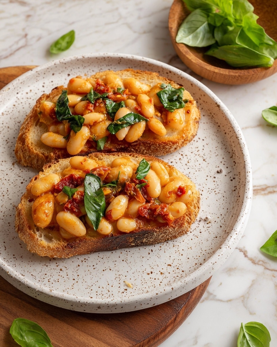 The image shows two slices of toasted rustic bread on a white speckled plate. Each slice is topped with large, soft-looking white beans mixed with small pieces of sun-dried tomato and chopped green basil leaves. The beans have a light orange sauce coating them, giving a shiny texture. Some fresh basil leaves are scattered around the plate. The background is a white marbled surface with a small wooden dish holding more fresh basil leaves. Photo taken with an iphone --ar 4:5 --v 7