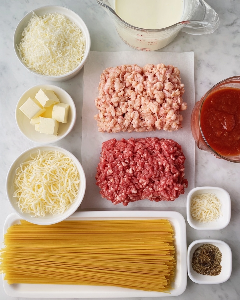 The image shows ingredients neatly arranged on a white marbled surface for making a pasta dish. There are two layers of raw ground meat placed one above the other on a rectangular piece of parchment paper with the lighter pink meat on top and the darker red meat below. To the top left, a white bowl is filled with finely grated white cheese, next to it is a smaller white bowl with chunks of butter. Below the butter, there is a small white bowl with shredded beige cheese. On the right side, a white tray holds uncooked yellow spaghetti neatly stacked together. There is also a clear measuring cup filled with milk and a jar of red tomato sauce near the top right corner. Two small white bowls at the bottom contain minced garlic and a mix of ground spices. Photo taken with an iphone --ar 4:5 --v 7