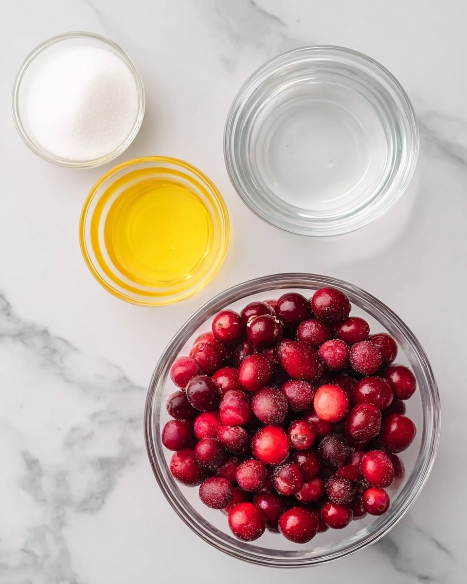 The image shows four clear glass bowls on a white marbled surface, each containing different ingredients. The largest bowl at the bottom right is filled with bright red cranberries, some are fresh and others appear slightly frosty. Above it to the left, a small bowl holds golden yellow liquid, likely oil or juice, smooth and shiny. Next to the yellow liquid is another small clear bowl with a transparent liquid, probably water, showing soft reflections. At the top left, a medium bowl contains pure white granulated sugar, creating a solid white layer. The bowls are spaced evenly, creating a clean and organized look photo taken with an iphone --ar 4:5 --v 7