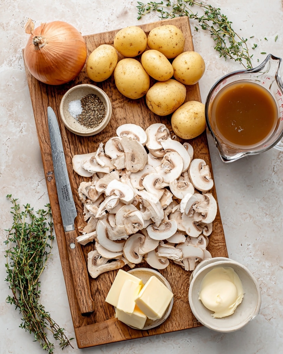 The image shows a wooden cutting board on a white marbled surface, filled with ingredients. There are five whole yellow potatoes near the top of the board. Below them is a large pile of sliced white and light brown mushrooms. To the left, there is a whole brown onion and four garlic cloves next to a small beige bowl filled with mixed dry herbs and spices: salt, black pepper, dried rosemary, and thyme. A wooden-handled knife rests on the left edge of the board. On the right side of the board, a glass measuring cup with brown liquid broth, a white bowl with cream, and a small beige dish holding three slices of butter are placed. A few sprigs of fresh green herbs like thyme and rosemary are scattered around for decoration. Photo taken with an iphone --ar 4:5 --v 7