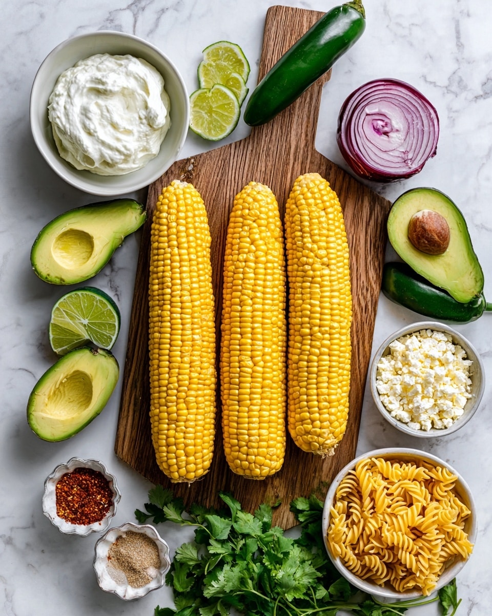 The image shows a wooden board on a white marbled surface with four bright yellow corn cobs placed side by side, their kernels glossy and fresh. Above the corn, there is a shiny dark green jalapeño pepper. Below the corn, there are two halves of an avocado with smooth green flesh and one half showing a brown seed. Next to the avocado, there's a small section of purple and white onion. Around the board, on the white marbled surface, there are four lime quarters and two lime halves showing juicy interiors. To the left side, there is a small white bowl filled with white sour cream, a small scalloped white dish holding different spices in shades of red, brown, beige, and white grains, and another white bowl filled with white crumbled cheese. Fresh leafy green herbs are spread near the bowls, and at the bottom right corner, a white bowl full of uncooked yellow twisted pasta spirals is visible. Photo taken with an iphone --ar 4:5 --v 7