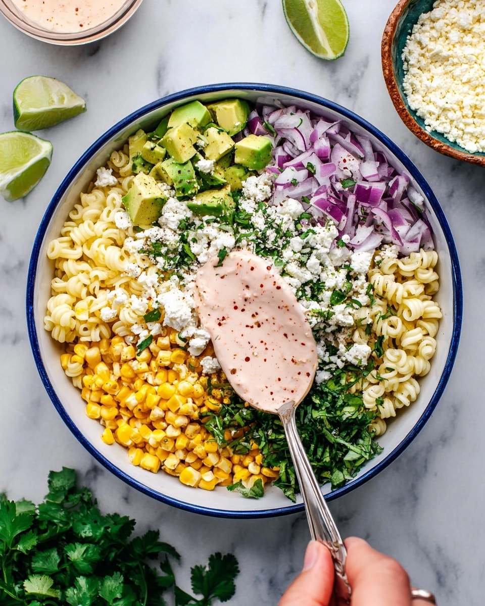 A white bowl with a blue rim holds a layered salad with six visible layers arranged in sections. The bottom layer is curly pasta in a pale yellow color. The top layers include bright yellow corn cut into small rounds, a generous amount of white crumbly cheese, finely chopped deep green cilantro, light green sliced avocado, and small pieces of purple-red onion. A creamy light pink sauce with tiny red specks is being added on top with a silver spoon held by a woman's hand. To the side, on a white marbled surface, there are lime wedges, a small bowl of more crumbly cheese, and a bowl with extra sauce. Photo taken with an iphone --ar 4:5 --v 7