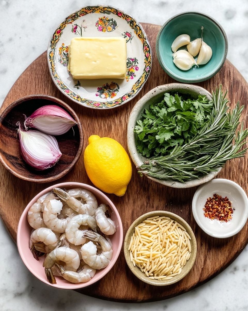 A round wooden board holds eight bowls and ingredients arranged neatly on a white marbled surface. Starting from the bottom left, there is a pink bowl filled with raw shrimp with curved, pale pink and white bodies and dark brown tails. Above it is a small dark wood bowl with two purple and white shallot halves. At the top left on a white plate with colorful patterns sits a large block of yellow butter and a small white bowl of peeled garlic cloves. In the center is a bright yellow lemon. To the upper right, a rustic white bowl is full of fresh green parsley and rosemary sprigs. Below, a small wooden bowl contains uncooked beige orzo pasta. Next to it is a tiny white bowl holding red pepper flakes. Above everything is an empty white bowl with a turquoise inside. photo taken with an iphone --ar 4:5 --v 7