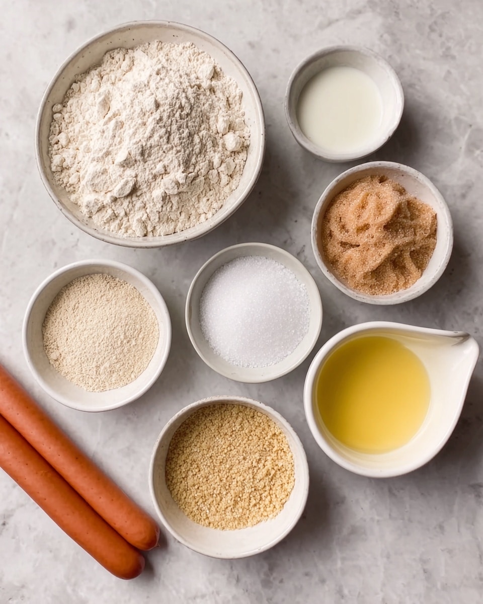 The image shows a white marbled surface with seven white bowls arranged neatly, each holding different baking ingredients. The largest bowl on the left is filled with light beige flour with a slightly coarse texture. To its right, a small round bowl contains a clear liquid that looks like milk. Above it, another bowl holds light brown sugar with a crumbly texture, and next to it, a small dish is filled with fine, white salt crystals. Below the sugar, a small bowl contains tan-colored dry yeast granules, and beneath the salt, there is a bowl with melted yellow butter showing a slightly oily surface. To the bottom right, a white bowl with a spout contains a light creamy liquid, possibly yogurt or cream. An orange and white kitchen tool is partially visible at the bottom left corner. photo taken with an iphone --ar 4:5 --v 7