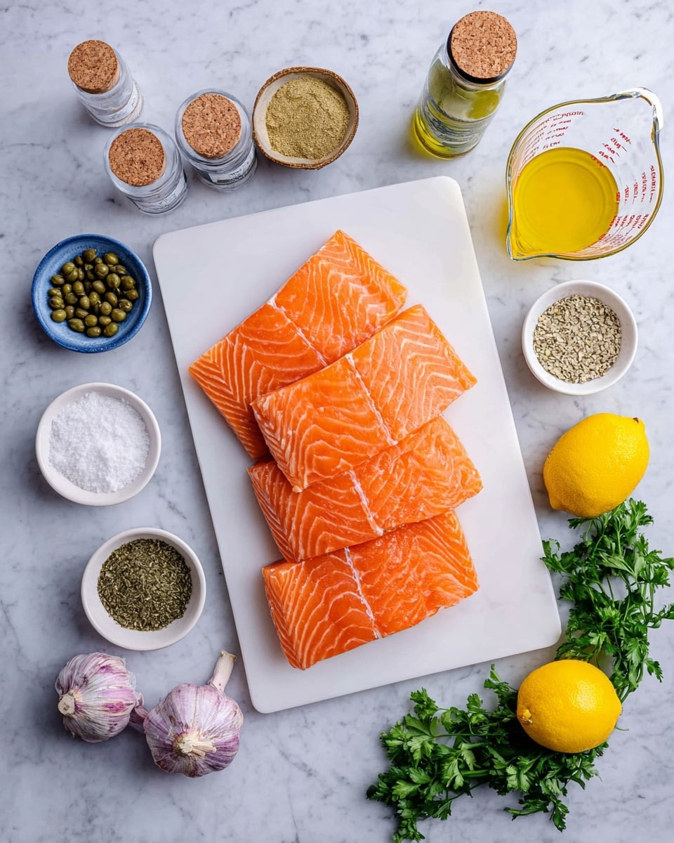 A white cutting board is placed on a white marbled surface with six pieces of fresh orange salmon fillets stacked in two layers, the top layer slightly overlapping on the bottom. Around the cutting board are various small white bowls with different ingredients: green capers, light brown powder, dried green herbs, and a thick white ingredient. There are three purple garlic bulbs near the bottom left corner of the cutting board. Two bright yellow lemons and green parsley are on the lower right side. To the top right is a clear glass measuring cup with golden liquid, and on the left side, there is a green bottle with yellow oil and two small glass spice containers with cork lids. Photo taken with an iphone --ar 4:5 --v 7