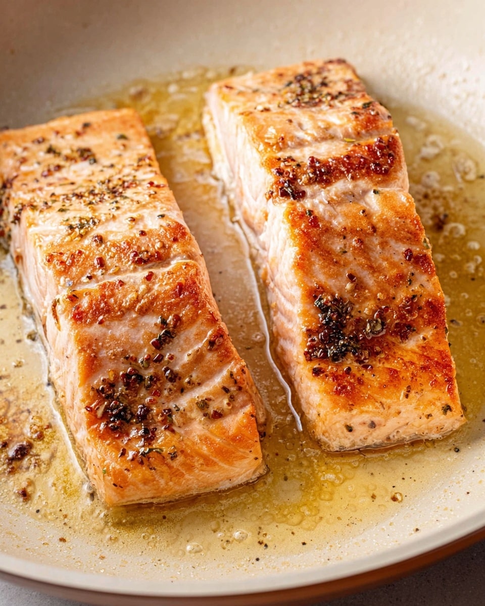 Two cooked salmon fillets lie in a white pan with light browning and grill marks visible on the pink-orange top layer. The fillets have a slightly crispy texture with some blackened seasoning spots scattered across their surface. Around the fillets, golden and brown cooking oil sizzles on the white pan's marbled texture, adding shine and warmth to the scene. photo taken with an iphone --ar 4:5 --v 7