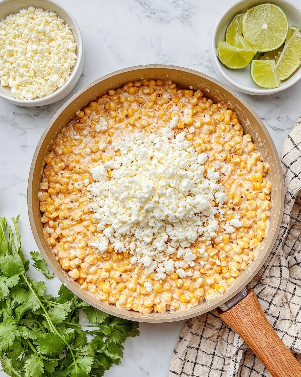 A large pan filled with creamy corn, showing yellow corn kernels coated in a light creamy sauce evenly spread as the first layer. On top of the corn is a pile of crumbled white cheese centered in the pan, adding a rough texture and bright white color contrasted with the creamy orange-yellow base. Beside the pan are two white bowls, one filled with more crumbled white cheese and the other holding two lime halves with bright green flesh. Fresh green cilantro leaves sit next to the pan on a white marbled surface. A wooden spatula rests on the pan’s edge, and part of a beige and black checkered cloth is visible near the handle. Photo taken with an iphone --ar 4:5 --v 7