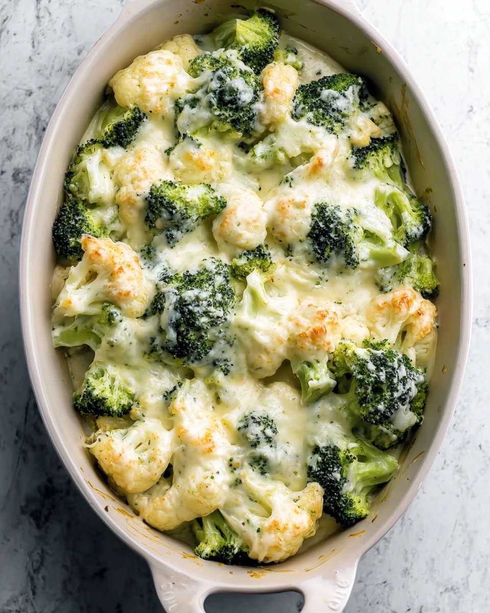 The dish shows a white oval ceramic baking dish filled with multiple layers of broccoli and cauliflower florets covered in a creamy, white cheese sauce. The green broccoli adds a bright contrast to the pale cauliflower, all nestled together under a smooth and slightly bubbly cheese layer that clings to the vegetables. The baking dish is set on a white marbled surface, with parts of the broccoli and cauliflower clearly visible beneath the sauce in a natural, home-cooked style. Photo taken with an iphone --ar 4:5 --v 7