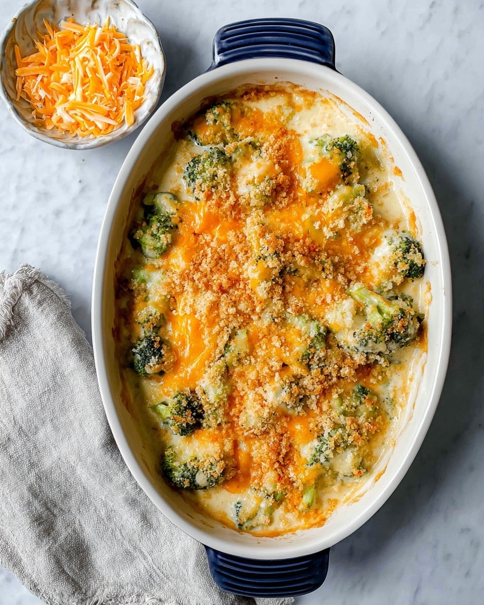 The dish is a creamy casserole in a white oval ceramic dish with dark blue handles, filled almost to the top. It has several layers visible: the bottom layer is a thick, light beige creamy sauce, mixed with green broccoli florets. On top of that, there is an even layer of melted orange and white cheese, slightly browned in spots. The top layer is golden brown breadcrumbs sprinkled evenly across the surface, giving a crunchy texture. Next to the casserole is a small white bowl with shredded orange and white cheese and a light gray cloth on the left, all set on a white marbled surface photo taken with an iphone --ar 4:5 --v 7