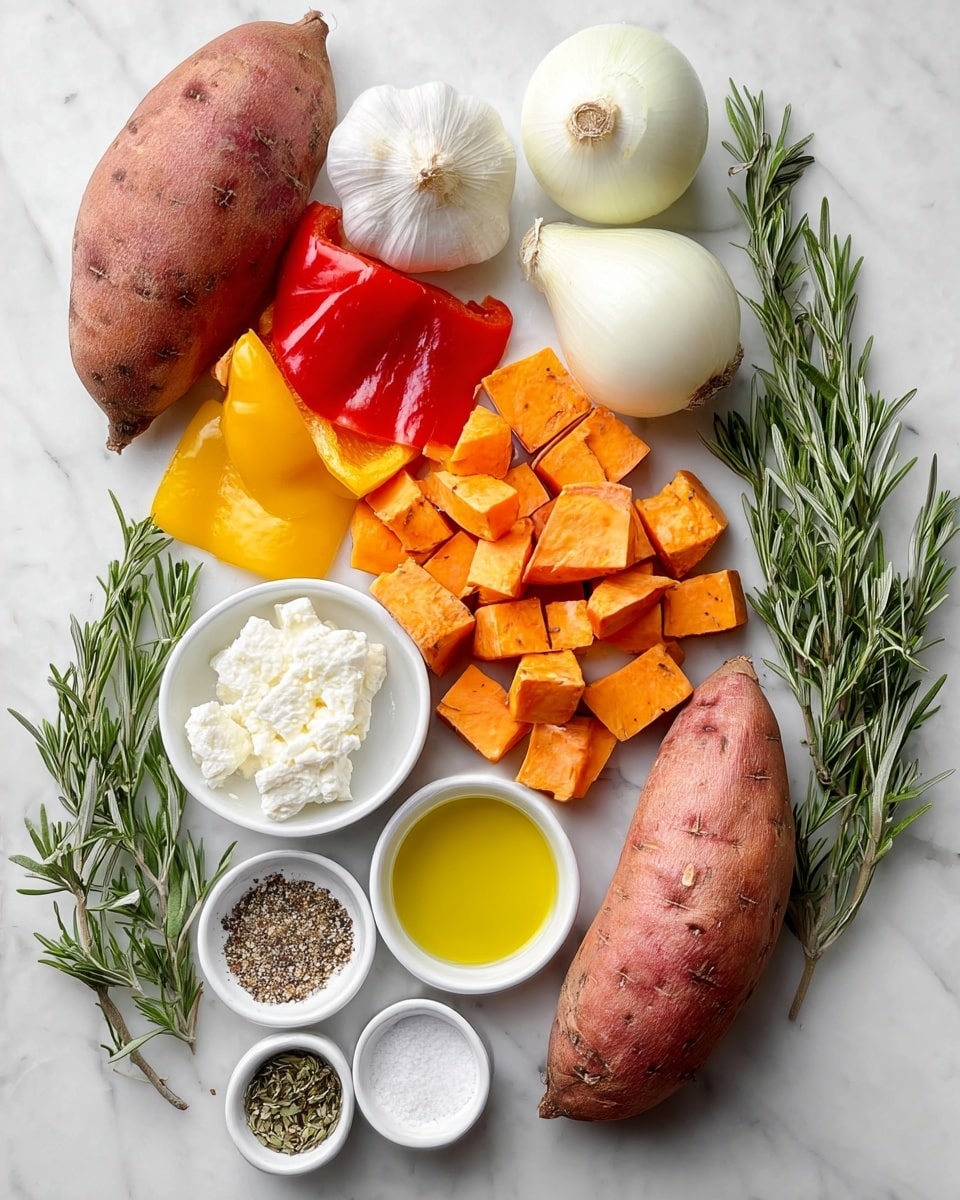 The image shows an arrangement of fresh ingredients on a white marbled surface. There are two whole sweet potatoes with rough brown skin placed diagonally on the right and left sides. In the middle, there are orange cubed sweet potatoes. Above them, two white onions and a whole garlic bulb are placed side by side. Next to the onions, there are yellow and red bell pepper pieces layered with the yellow pieces on top. On both sides of the ingredients, there are green sprigs of fresh rosemary. At the bottom, four small white bowls are arranged in a row: one with dried herbs and spices, one with white creamy cheese, one with golden olive oil, and one with mixed salt and pepper. The overall look is clean and fresh, emphasizing natural colors and textures. photo taken with an iphone --ar 4:5 --v 7