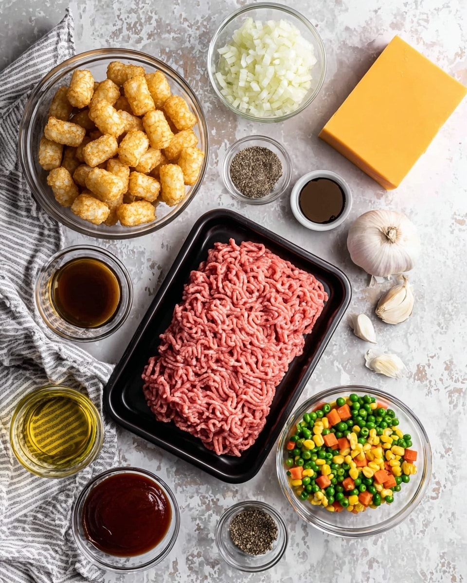 The image shows several ingredients placed on a white marbled textured surface, arranged neatly around a black tray holding raw ground beef with visible pink lines and texture. To the left, there is a glass bowl filled with small, golden brown tater tots. Above the beef, a glass bowl contains finely chopped white onions, and a small glass of dark brown liquid sits beside it. Below the beef tray, a small clear bowl holds a deep red thick sauce, and next to it is a small bowl filled with black pepper and white salt. To the right, a glass bowl contains a mix of colorful frozen vegetables like green beans, peas, carrots, and corn, and near it, two cloves of garlic sit in a small glass container. In the bottom left corner, there is a small bowl of light golden olive oil, and in the top right corner, a rectangular block of bright orange cheddar cheese rests on the surface. The whole setup is placed on a light gray and white striped cloth. Photo taken with an iphone --ar 4:5 --v 7