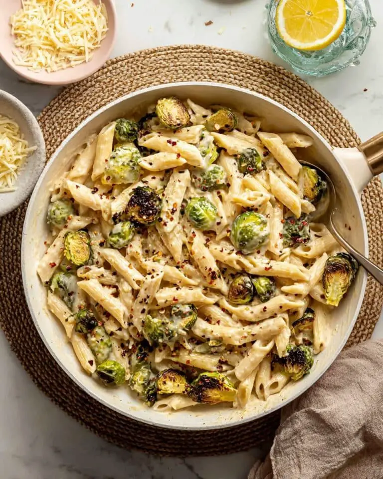 Creamy Roasted Brussels Sprouts Pasta with Garlic Parmesan Recipe