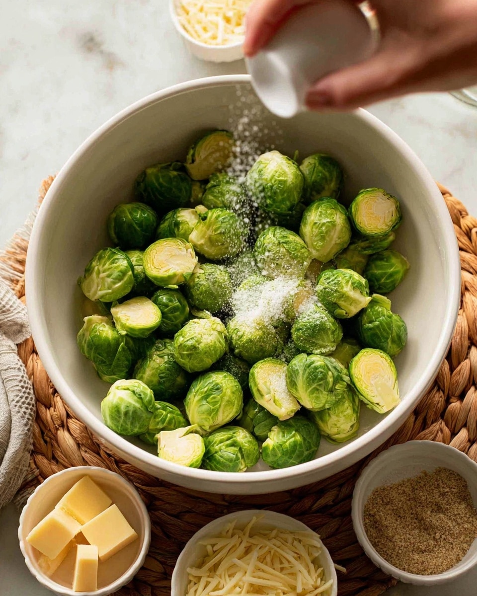 A white bowl filled with green Brussels sprouts, some whole and some cut in halves, showing their light green inner layers and smooth outer leaves. Above the bowl, a woman's hand sprinkles white salt from a small white cup, creating a fine salt dust over the Brussels sprouts. Around the bowl, there are small white dishes holding yellow cubed butter, white shredded cheese, and a light brown granular seasoning, all placed on a woven mat with a white marbled surface underneath. Photo taken with an iphone --ar 4:5 --v 7