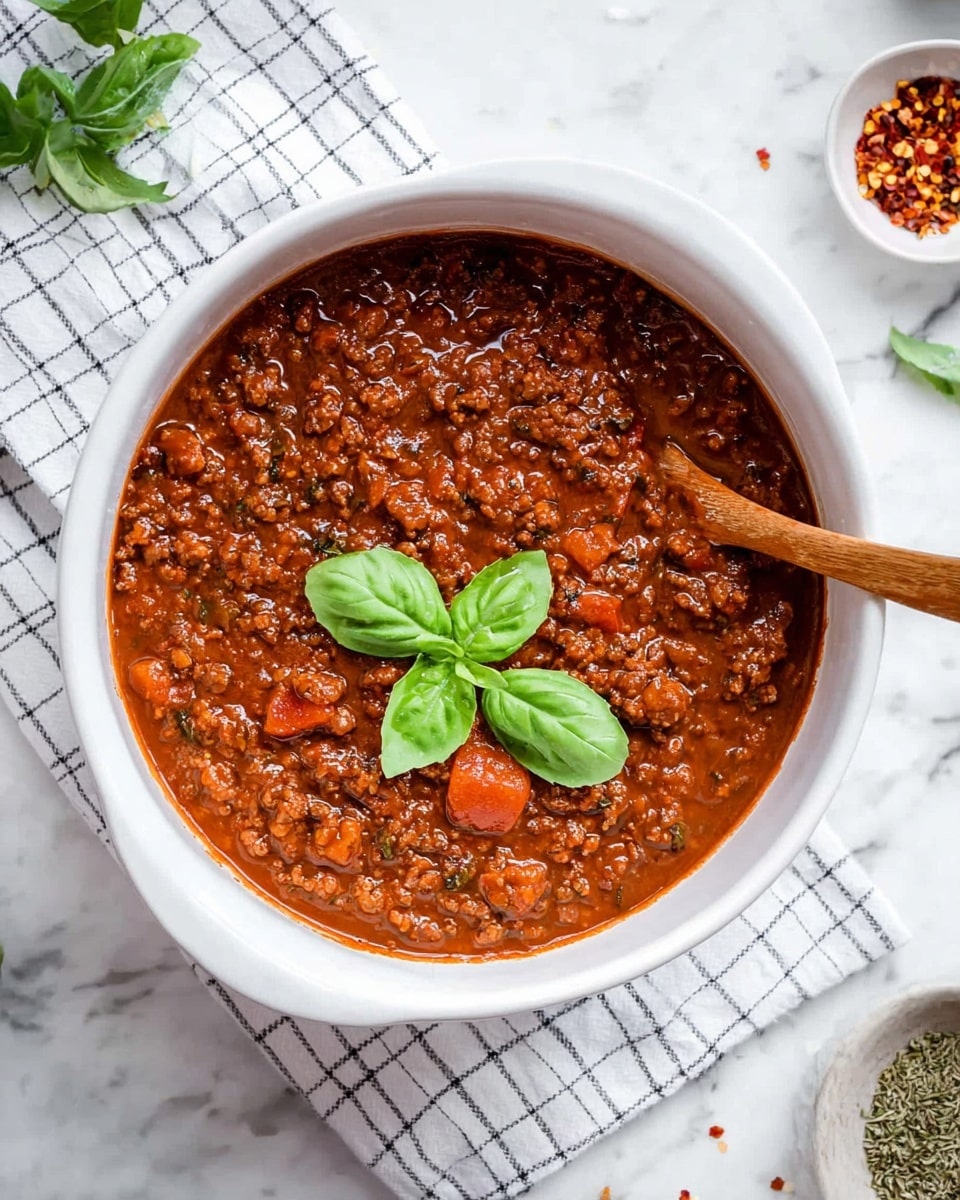 A white bowl filled with thick red-brown sauce containing ground meat and small pieces of tomato, garnished with three bright green basil leaves in the center, and a wooden spoon partially submerged on the right side. The bowl sits on a white and black checkered cloth on a white marbled surface with a small white bowl of dried herbs and red chili flakes near the bottom right corner. Photo taken with an iphone --ar 4:5 --v 7