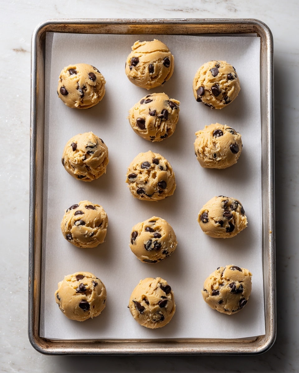 The image shows twelve small balls of chocolate chip cookie dough arranged neatly in a 3 by 4 grid on white parchment paper inside a metal baking tray with some discoloration and marks. Each dough ball is light brown with visible pieces of dark chocolate chips scattered throughout the smooth, slightly textured surface. The dough balls have a rounded, slightly uneven shape, showing folds and tiny cracks. The light softly highlights the texture of the dough and chocolate chunks. The background is a white marbled texture. photo taken with an iphone --ar 4:5 --v 7
