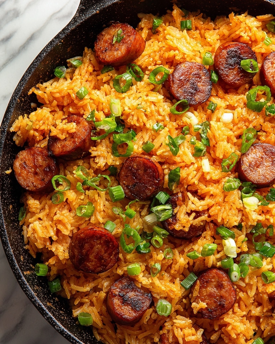 This close-up image shows one layer of cooked rice mixed with slices of browned sausage and small pieces of green onions scattered on top and inside the rice. The rice is orange in color with a soft, slightly sticky texture. The sausage slices are round, with a crispy, darker brown edge, and the green onions add small bright green spots throughout. The dish is inside a black pan with a rough texture, set against a white marbled surface. photo taken with an iphone --ar 4:5 --v 7