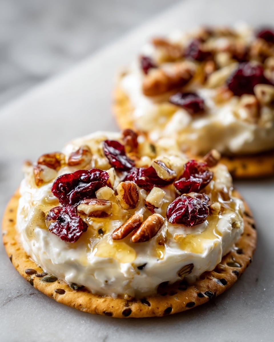The image shows a close-up of two round crackers on a white marbled surface. Each cracker is golden-brown and crispy with visible seeds inside. On top of the crackers is a thick layer of white creamy cheese mixed with small pieces of red dried fruit and chopped nuts, giving a textured and chunky look. Drizzled over the cheese and nuts is a light amber honey, adding a glossy finish and a touch of shine. The scene is bright and clear, emphasizing the contrast between the creamy white cheese, the red fruit, the brown nuts, and the golden crackers. Photo taken with an iphone --ar 4:5 --v 7