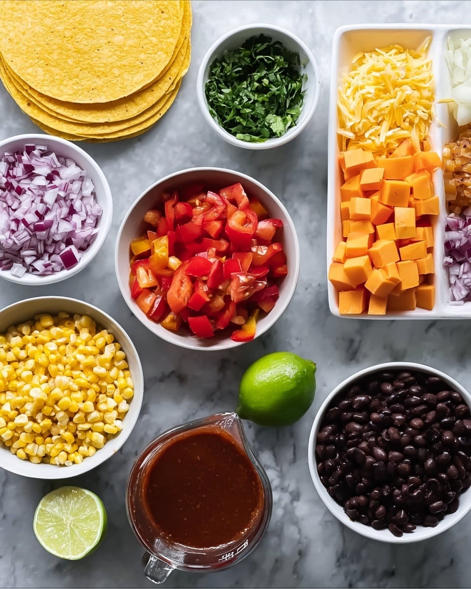 The image shows several white bowls arranged on a white marbled surface, each filled with colorful ingredients for a meal. Starting from the top left, there are three yellow corn tortillas stacked neatly. Below them is a small white bowl of chopped green herbs, likely cilantro. To the right of that is a white tray with chunks of orange cheese. Moving downward, there is a white bowl filled with bright red chopped bell peppers, a white bowl with yellow corn kernels, and a white bowl containing black beans. Near the bottom of the image is a glass measuring cup filled with a dark reddish-brown sauce, and next to it is half a lime with a fresh green color. In the middle-left area, a white bowl is filled with finely chopped red onions, and above it is a smaller white bowl of minced garlic. All items are placed on a clean white marbled surface, and the colors of the ingredients stand out vividly against this light background. Photo taken with an iphone --ar 4:5 --v 7