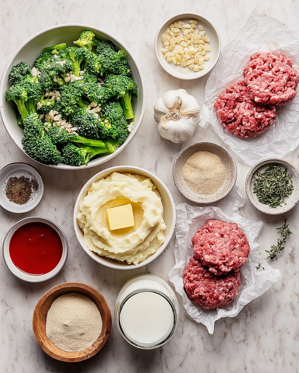 The image shows a collection of ingredients neatly arranged on a white marbled surface. On the left, there is a white bowl filled with bright green cooked broccoli with small pieces of cooked garlic scattered on top, and below it, another white bowl holds creamy mashed potatoes topped with a small square of melting butter. To the right, two portions of pink ground meat rest on crumpled white parchment paper. Surrounding these main items are smaller white and wooden bowls containing various ingredients: a bright red sauce in one bowl, a frothy beaten egg mixture in another, beige breadcrumbs, ground spices, black pepper, salt, herbs, a dark liquid in a small bowl, minced garlic, and a small glass container filled with milk. The arrangement is clean and orderly, with all items clearly visible. photo taken with an iphone --ar 4:5 --v 7