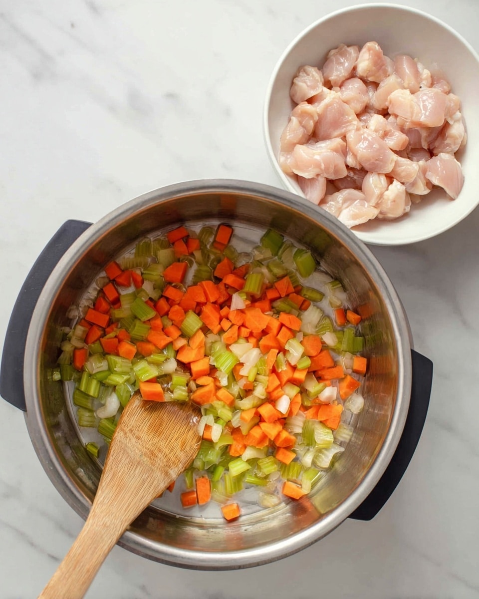 An overhead view shows a stainless steel pot with a wooden spoon inside, holding a mix of chopped vegetables including bright orange carrot slices, pale green celery pieces, and translucent onion bits, lightly cooked and spread around the edges of the pot’s shiny interior; to the right, a white bowl filled with small, light pink raw chicken pieces sits on a white marbled surface. photo taken with an iphone --ar 4:5 --v 7
