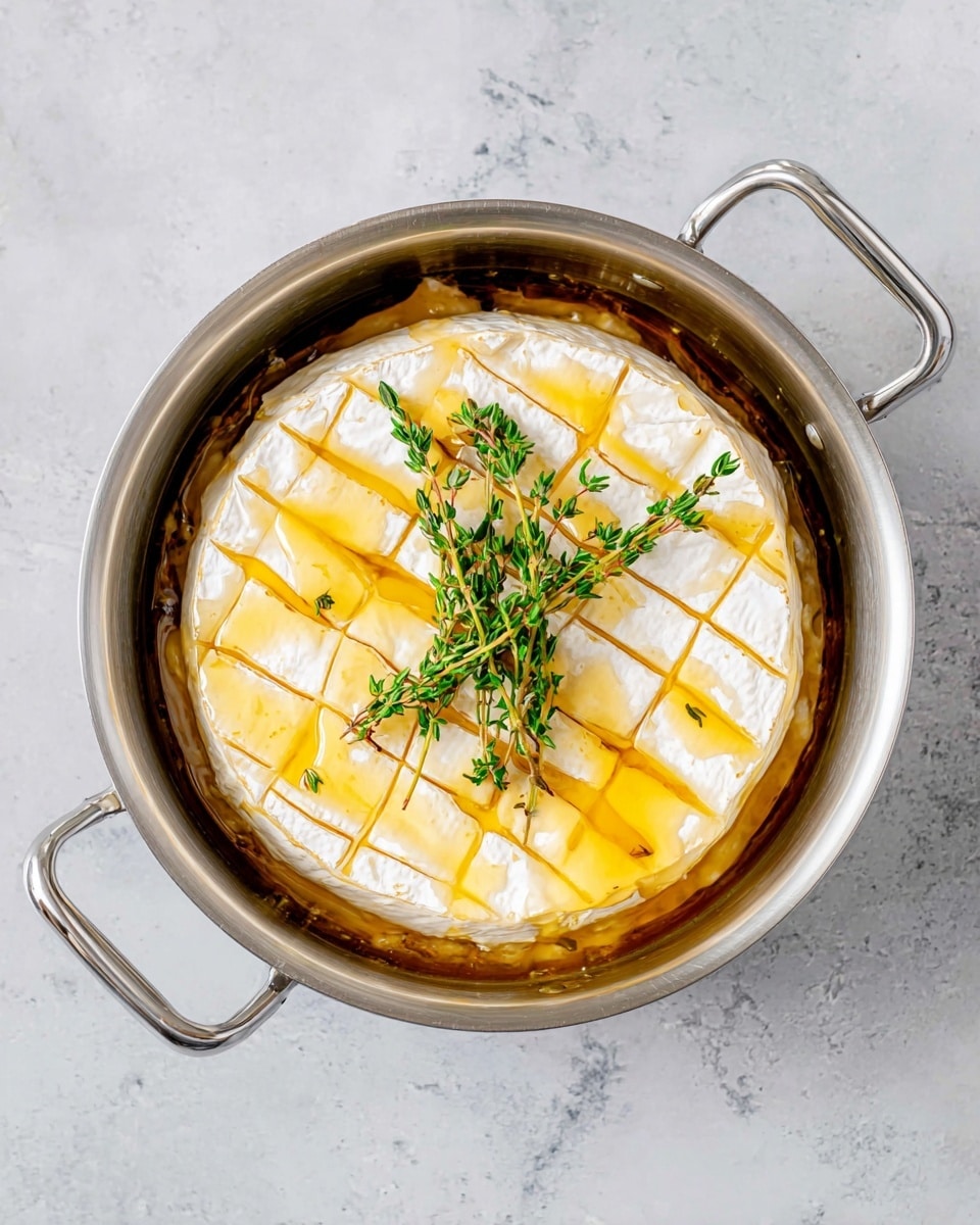 A round white pot filled with a large wheel of soft white cheese scored into diamond shapes covers the bottom. The cheese is soaked in a golden yellow liquid, likely oil or melted butter, with thin slices of light yellow garlic scattered on top. Three thin green sprigs of thyme lie across the cheese, adding contrast with tiny leaves. The pot sits on a white marbled surface, enhancing the light and fresh look of the scene. Photo taken with an iphone --ar 4:5 --v 7