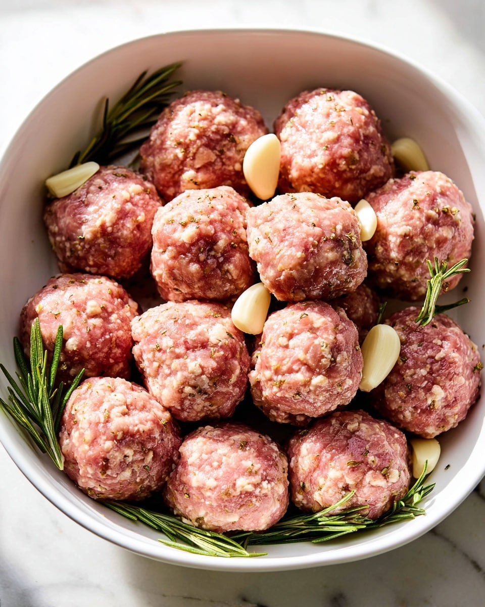 In a white bowl, there are about eighteen raw meatballs, arranged closely in three layers with visible small bits of seasoning throughout their pink surface. Among and under the meatballs, there are whole peeled garlic cloves which are smooth and pale beige in color, along with fresh bright green rosemary sprigs that add a touch of herbal freshness. The bowl sits on a white marbled surface, giving a clean and neat look. The lighting is bright and natural, highlighting the texture of the meatballs and ingredients photo taken with an iphone --ar 4:5 --v 7