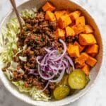 Healthy Sloppy Joe Bowls with Roasted Sweet Potatoes and Cabbage Slaw Recipe