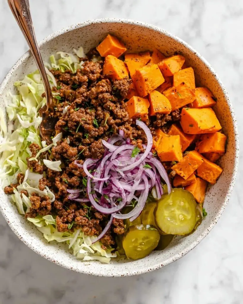Healthy Sloppy Joe Bowls with Roasted Sweet Potatoes and Cabbage Slaw Recipe