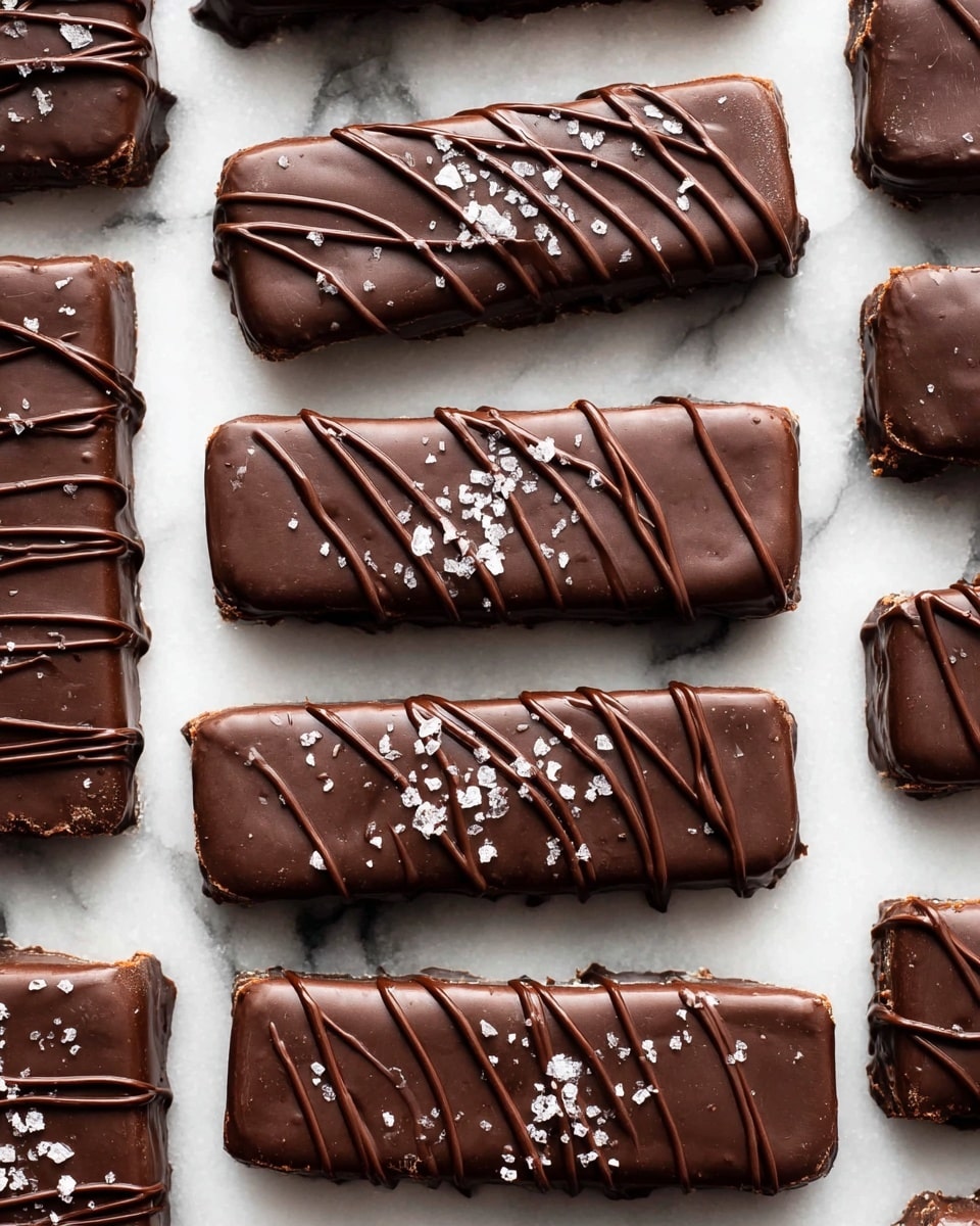Several rectangular bars are laid out in rows on a white marbled surface. Each bar is covered in a smooth dark chocolate layer with a slightly shiny texture, with thin chocolate drizzle lines running in a loose spiral from one end to the other. Small crystals of sea salt are sprinkled unevenly over the top, adding a contrast with their bright white, rough texture. The edges of the bars show slight irregularities, while the tops have small bumps indicating layered ingredients beneath the chocolate coating. The overall look is neat and uniform with rich brown and white colors. photo taken with an iphone --ar 4:5 --v 7