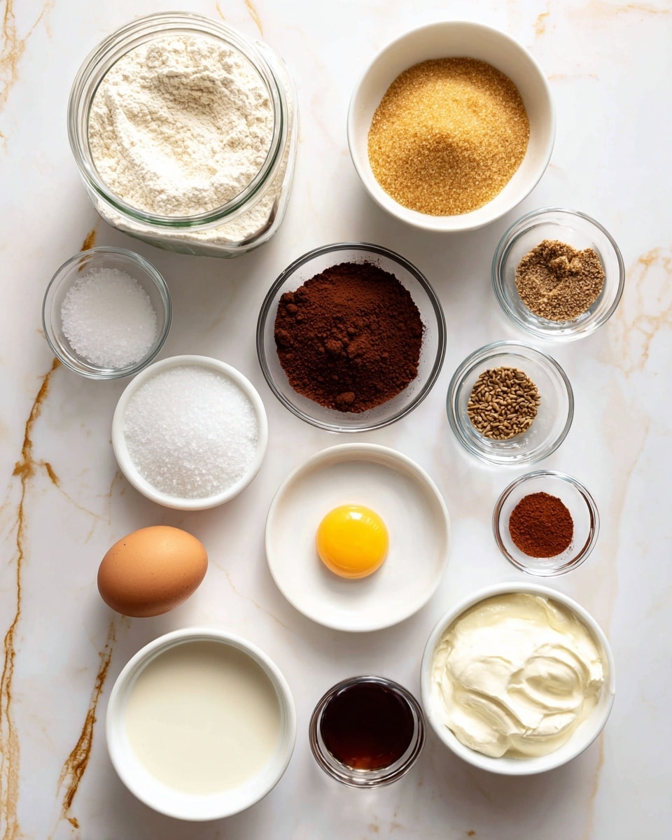 The image shows eleven bowls and containers with baking ingredients arranged neatly on a white marbled surface with gold veins. At the top left, there is a large glass jar filled with light-colored flour. Next to it on the right, a white bowl holds golden brown sugar. Below the jar, a small clear bowl contains dark brown cocoa powder, while next to it a small white plate is heaped with coarse white salt. To the right of the salt plate, a clear bowl contains three spices: brown cumin seeds, white granulated salt, and reddish cinnamon powder. Below, there is a white bowl with a single raw egg yolk, an unbroken brown egg on a small white plate in the center, and a white bowl with thick white cream on the right. At the bottom left, a white bowl contains a creamy white liquid. Toward the bottom center, a small white plate holds a dark brown thick liquid, and to the right, a small clear jar contains fine white sugar. The setup is clean and bright with a soft natural light highlighting the textures. photo taken with an iphone --ar 4:5 --v 7