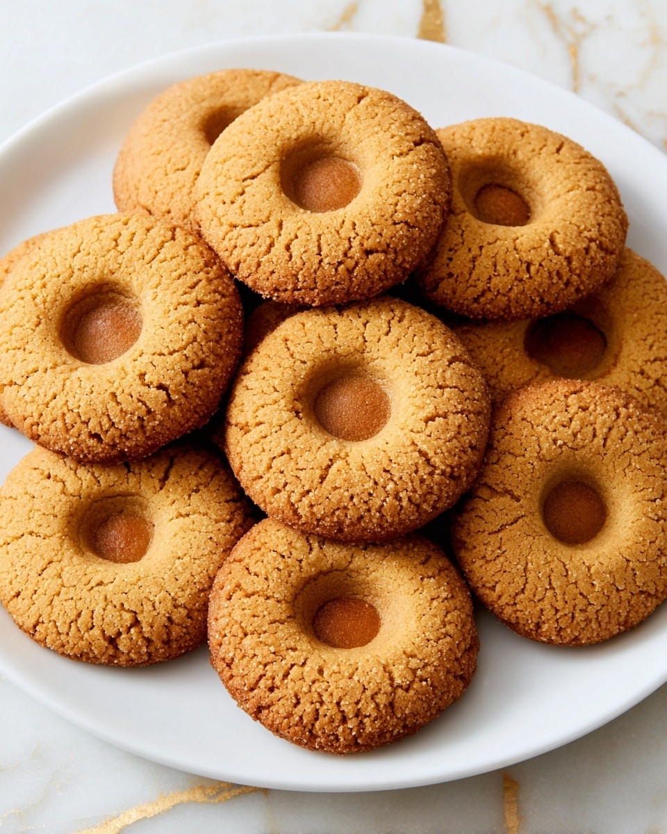 A white plate holds a group of round cookies, each with a warm golden-brown color and a slightly cracked texture on the surface. Every cookie has a small, smooth hollow in the center that is a slightly deeper shade, creating a distinct round indentation. The cookies are stacked closely together, creating a layered effect with some overlapping others. The plate rests on a white marbled surface with thin golden streaks visible around its edges. The lighting emphasizes the rough texture and the soft crumbly look of the cookies. photo taken with an iphone --ar 4:5 --v 7